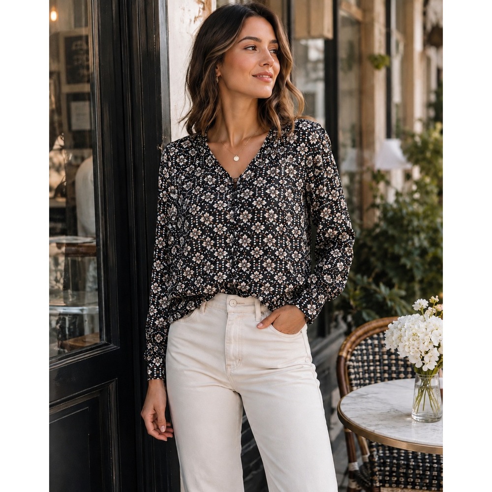 Ann Taylor Womens Small Black Floral Geometric V-Neck Long Sleeve Blouse Top